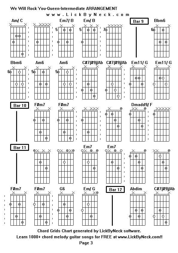 Chord Grids Chart of chord melody fingerstyle guitar song-We Will Rock You-Queen-Intermediate ARRANGEMENT,generated by LickByNeck software.